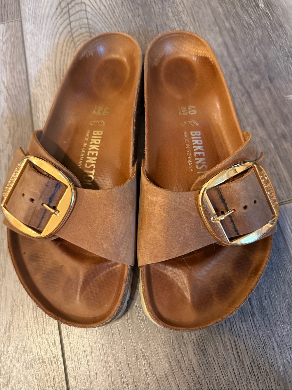 Birkenstock Single-Strap Sandals in Brown with Gold Buckles - Picture 1 of 5
